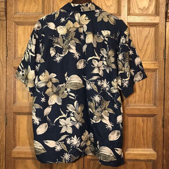 Brandini Pure Silk Hawaiian Shirt Men's L Navy Tan Floral SS Top Loop Button Up - Picture 6 of 11